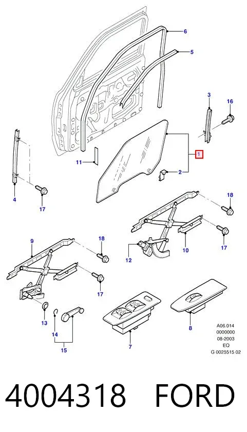 Vidro da porta dianteira direita 4004318 Ford