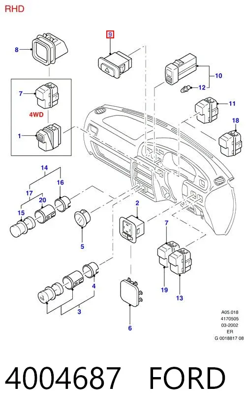 Botão de ativação do sinal de emergência 4004687 Ford
