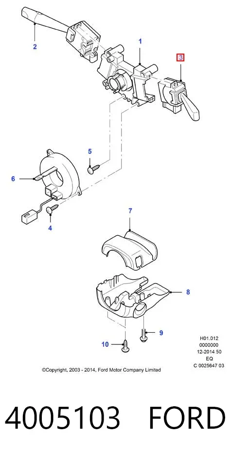 Comutador direito instalado na coluna da direção 4005103 Ford