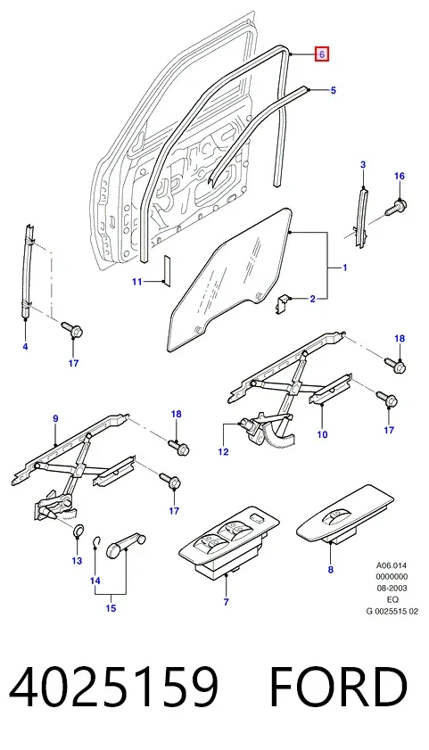Guia de vidro de quadro da porta dianteira direita 4025159 Ford