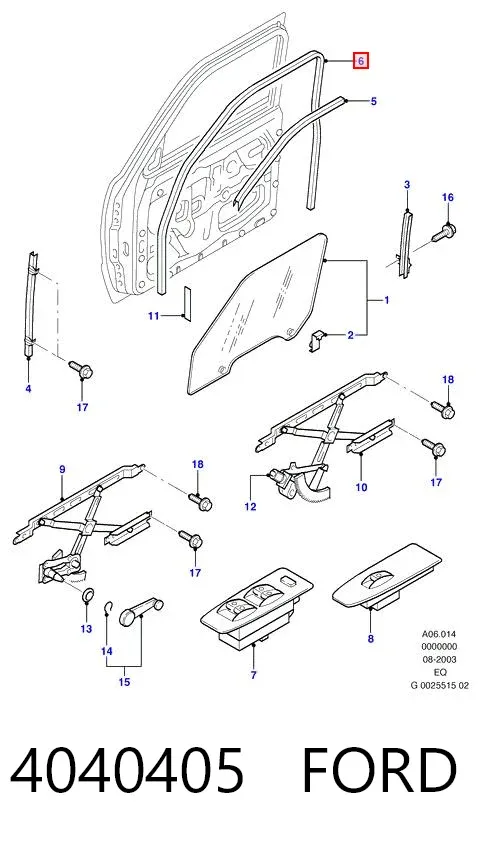 Guia de vidro de quadro da porta dianteira esquerda 4040405 Ford