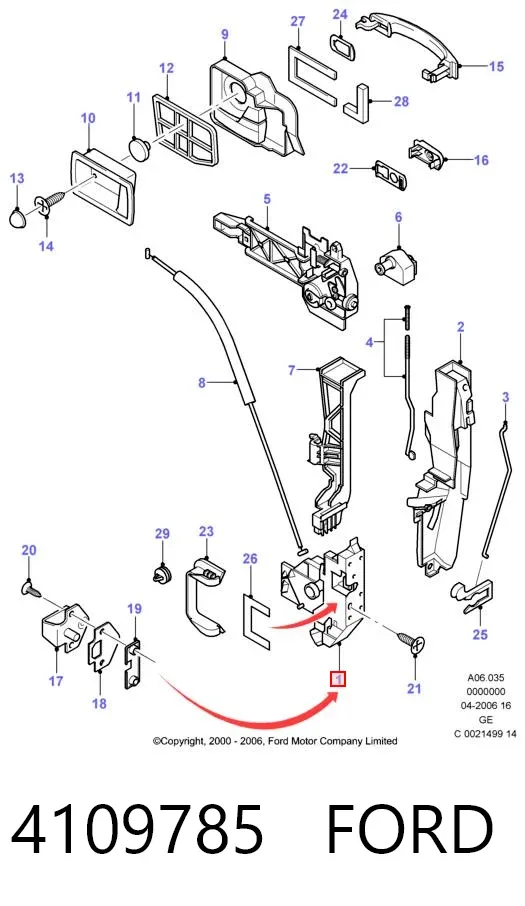 Fecho da porta dianteira direita 4109785 Ford