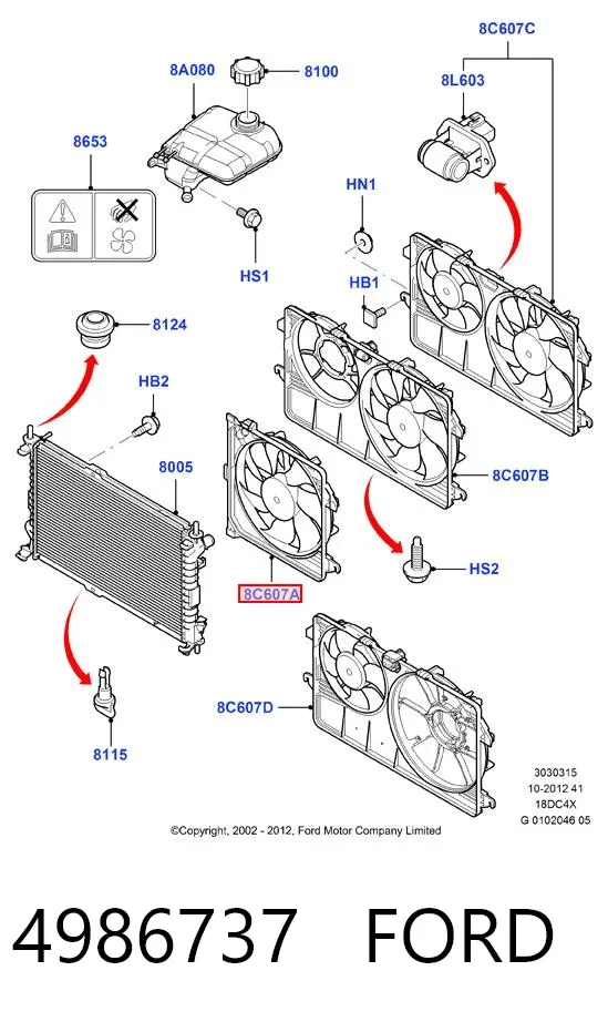 Difusor do radiador de esfriamento, montado com motor e roda de aletas 4986737 Ford