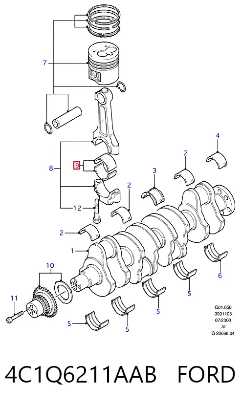 Folhas inseridas de cambota de biela, kit, padrão (STD) 4C1Q6211AAB Ford