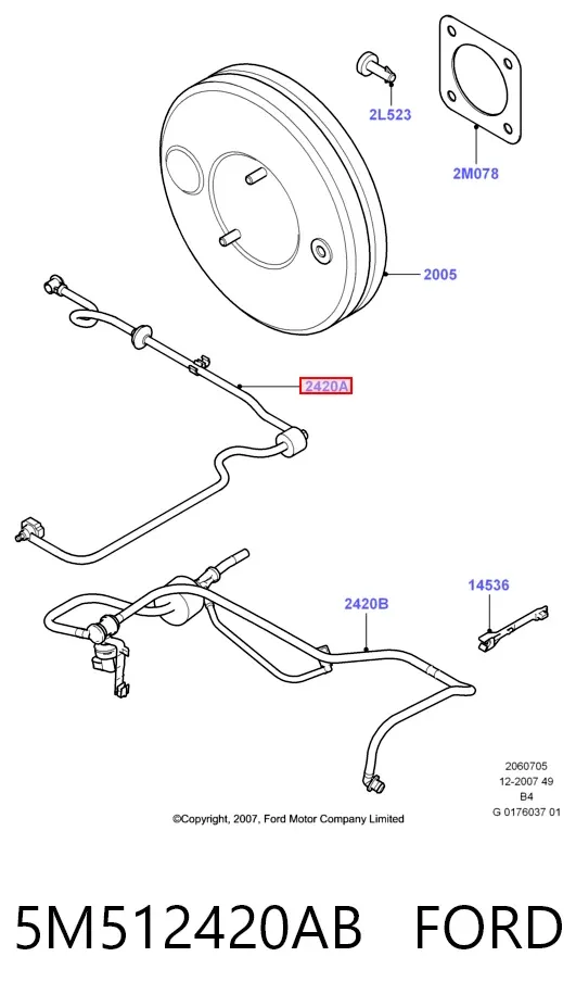 Tubo de impulsionador de vácuo dos freios 5M512420AB Ford
