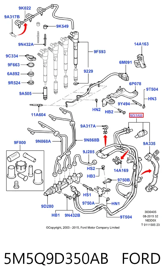 Tubo de combustível, inverso desde os injetores 5M5Q9D350AB Ford