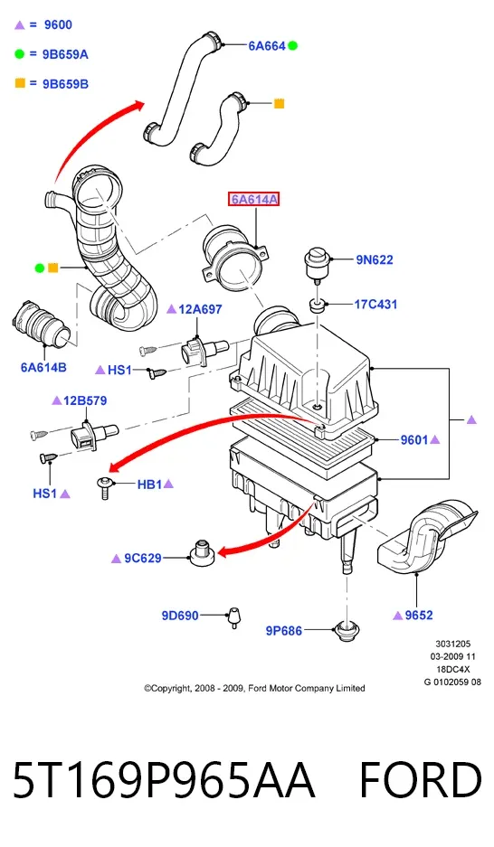 Sensor de fluxo (consumo) de ar, medidor de consumo M.A.F. - (Mass Airflow) 5T169P965AA Ford