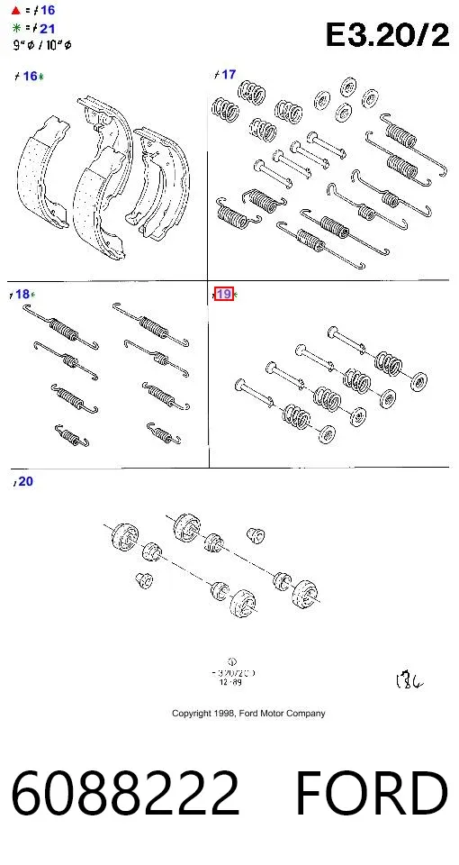Kit de montagem das sapatas traseiras de tambor 6088222 Ford