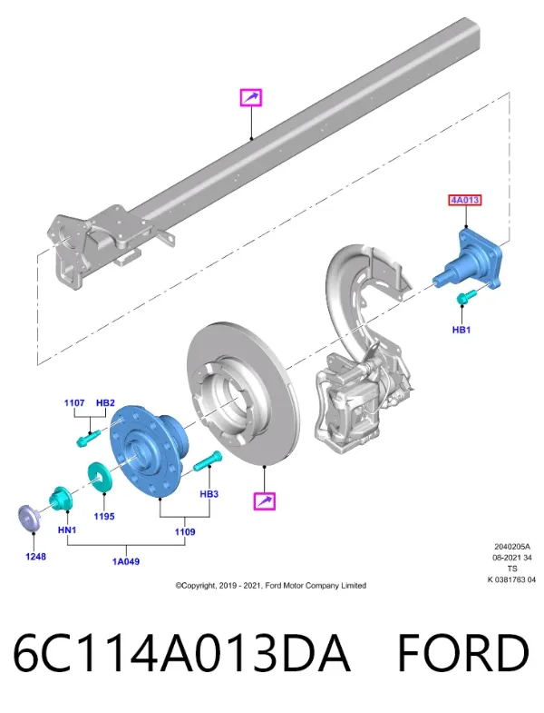 Pino moente (extremidade do eixo) traseiro 6C114A013DA Ford