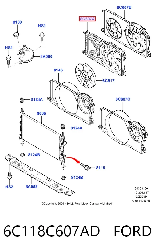 Difusor do radiador de esfriamento, montado com motor e roda de aletas 6C118C607AD Ford