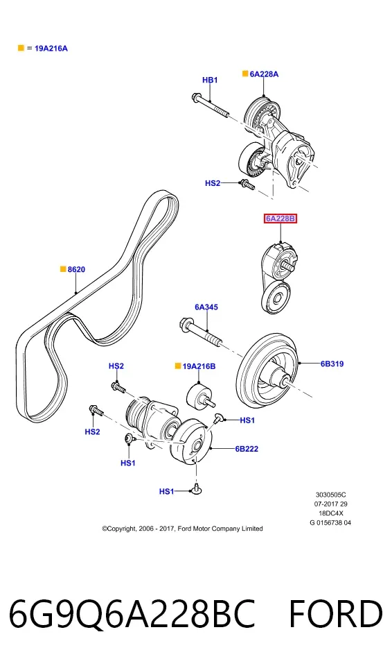 Reguladora de tensão da correia de transmissão 6G9Q6A228BC Ford