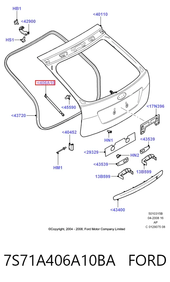 Amortecedor de tampa de porta-malas (de 3ª/5ª porta traseira) 7S71A406A10BA Ford