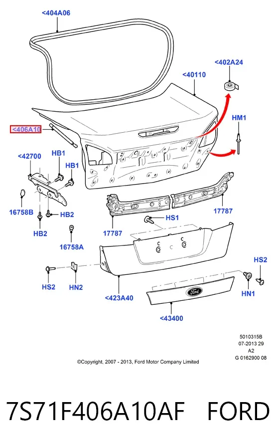 Amortecedor de tampa de porta-malas (de 3ª/5ª porta traseira) 7S71F406A10AF Ford
