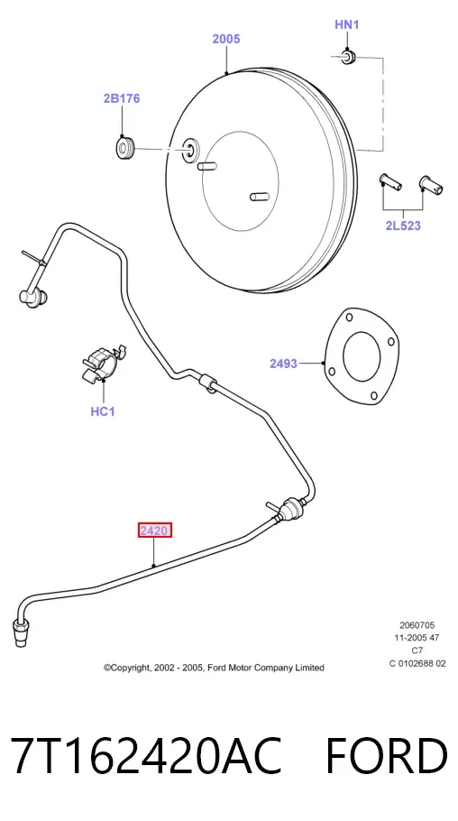 Tubo de impulsionador de vácuo dos freios 7T162420AC Ford