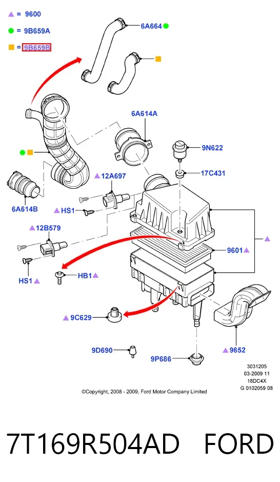 Cano derivado de ar do medidor de consumo do ar 7T169R504AD Ford