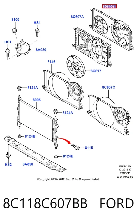 Difusor do radiador de esfriamento, montado com motor e roda de aletas 8C118C607BB Ford
