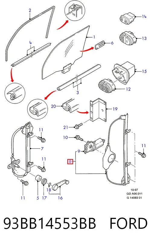 Mecanismo de acionamento de vidro da porta dianteira direita 93BB14553BB Ford
