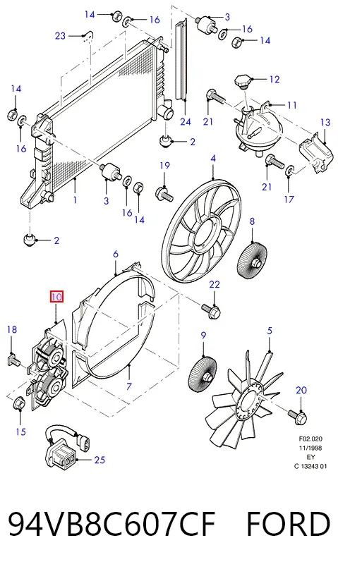 Difusor do radiador de aparelho de ar condicionado, montado com roda de aletas e o motor 94VB8C607CF Ford