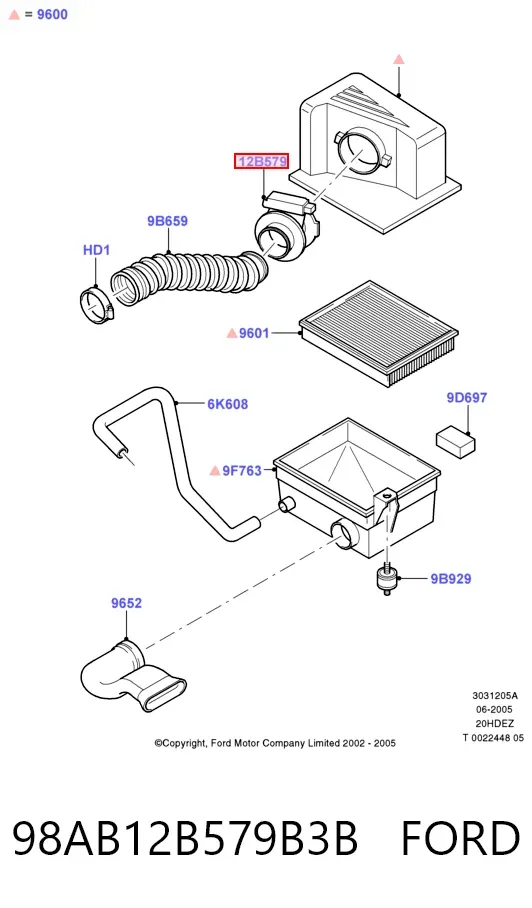 Sensor de fluxo (consumo) de ar, medidor de consumo M.A.F. - (Mass Airflow) 98AB12B579B3B Ford