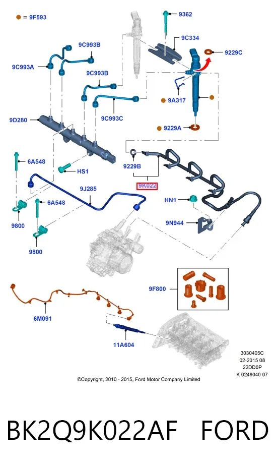 Tubo de combustível, inverso desde os injetores BK2Q9K022AF Ford
