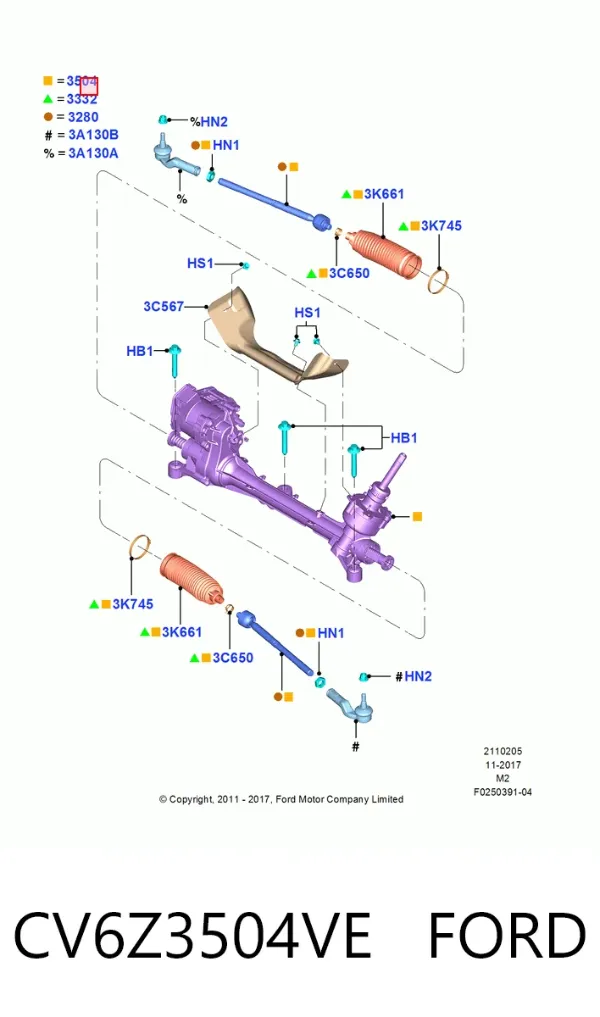 Cremalheira da direção CV6Z3504VE Ford