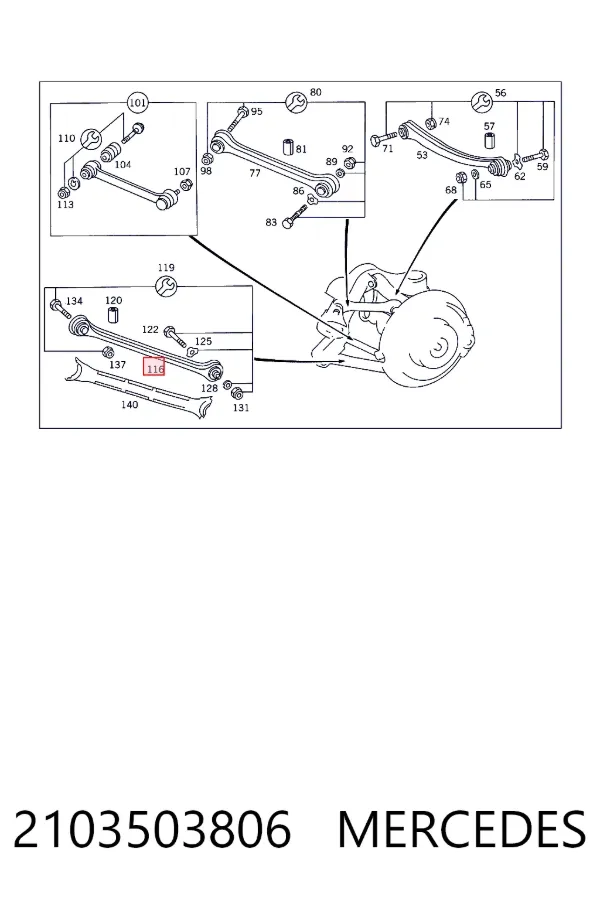 Braço oscilante (tração) longitudinal inferior esquerdo/direito de suspensão traseira 2103503806 Mercedes