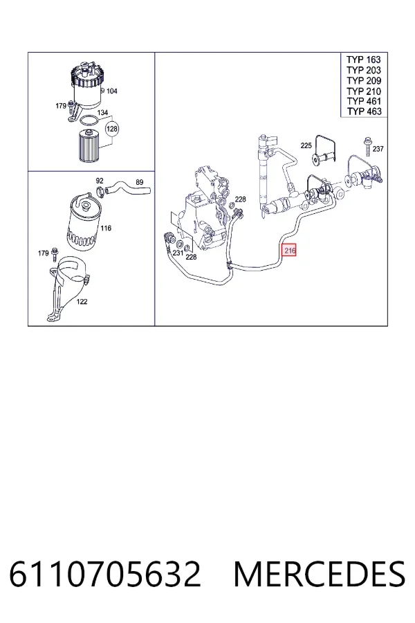 Tubo de combustível desde a bomba de bombeio de combustível até a válvula de corte de combustível 6110705632 Mercedes