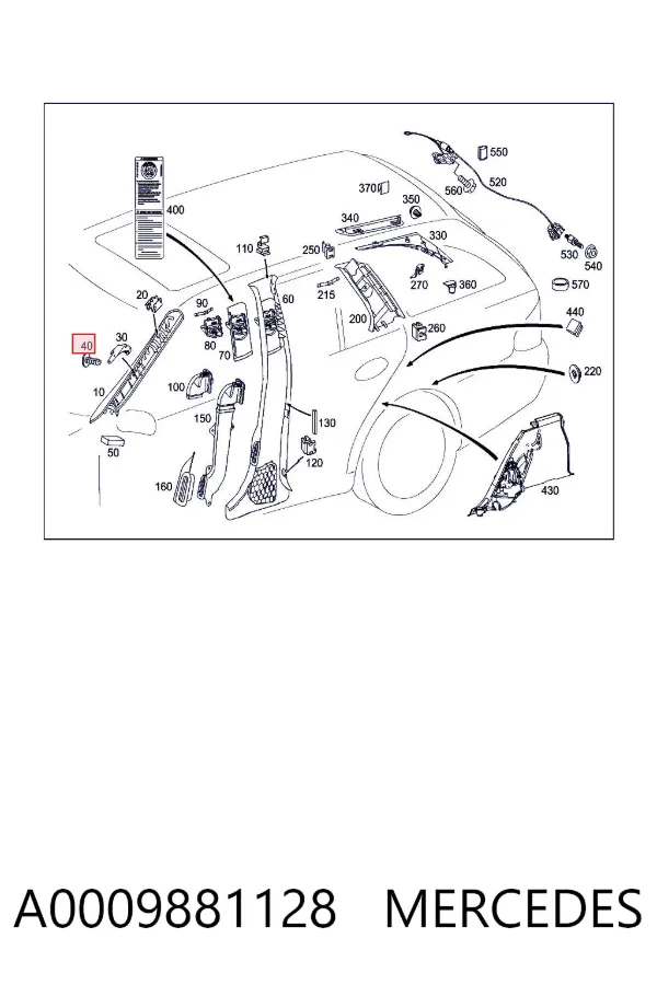 Cápsula (prendedor) de fixação de revestimento de tampa de porta-malas A0009881128 Mercedes