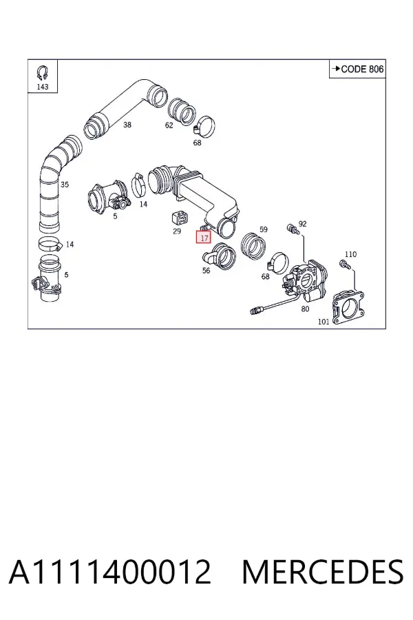 Cano derivado de ar do medidor de consumo do ar A1111400012 Mercedes