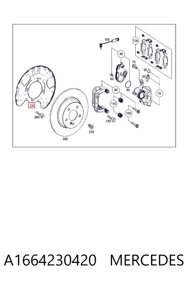 Proteção direita do freio de disco traseiro A1664230420 Mercedes