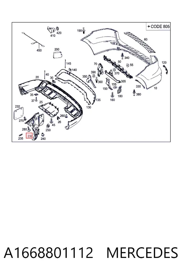 Consola esquerda do pára-choque traseiro externo A1668801112 Mercedes