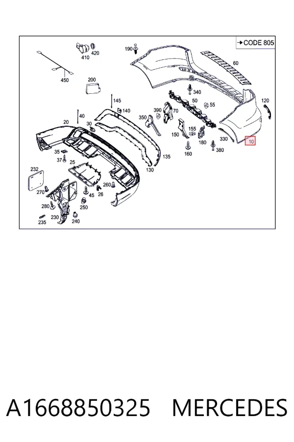 Pára-choque traseiro, parte superior A1668850325 Mercedes