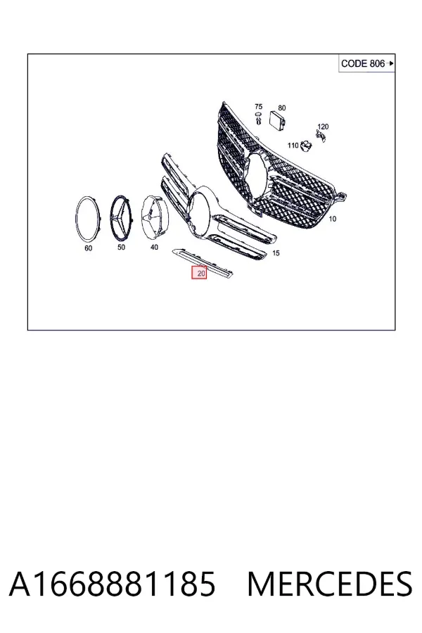 Moldura superior de grelha do radiador A1668881185 Mercedes