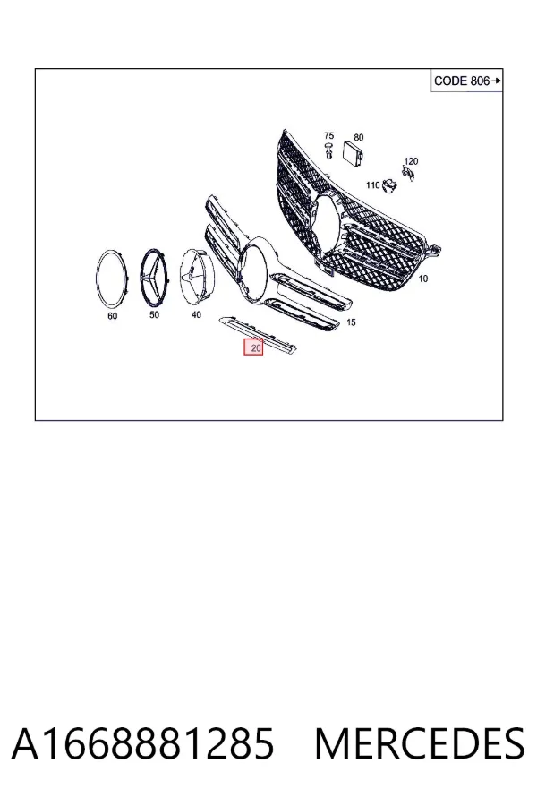 Moldura superior de grelha do radiador A1668881285 Mercedes
