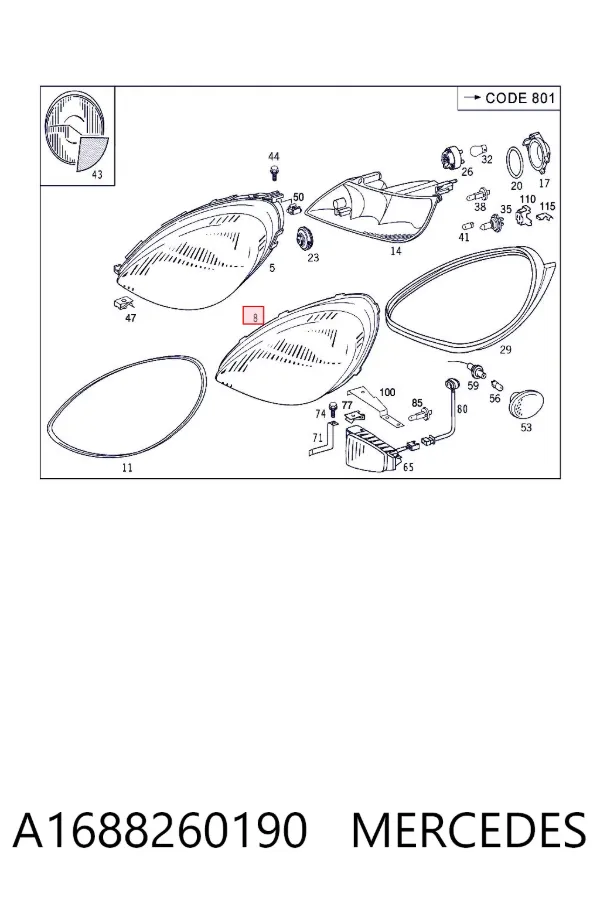 Vidro da luz esquerda A1688260190 Mercedes