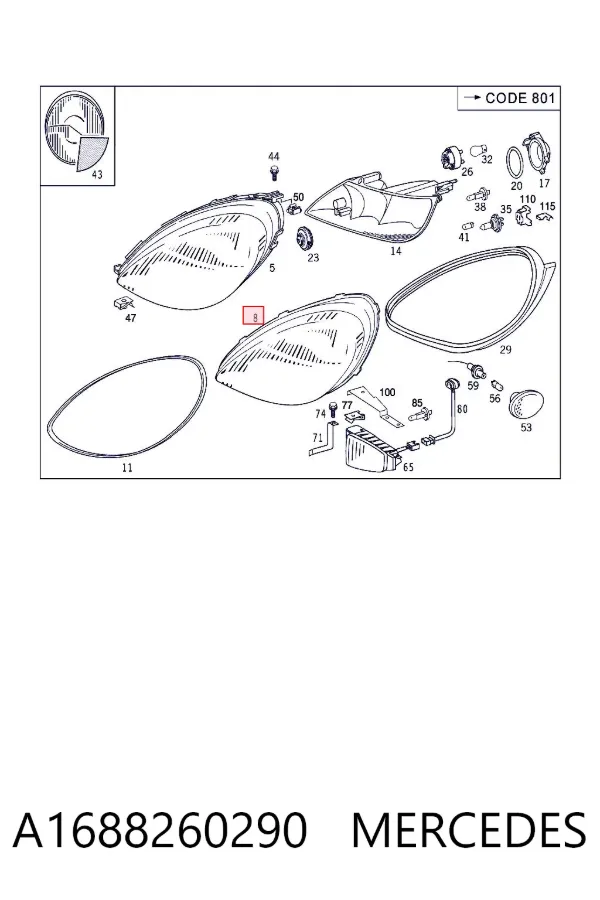 Vidro da luz direita A1688260290 Mercedes