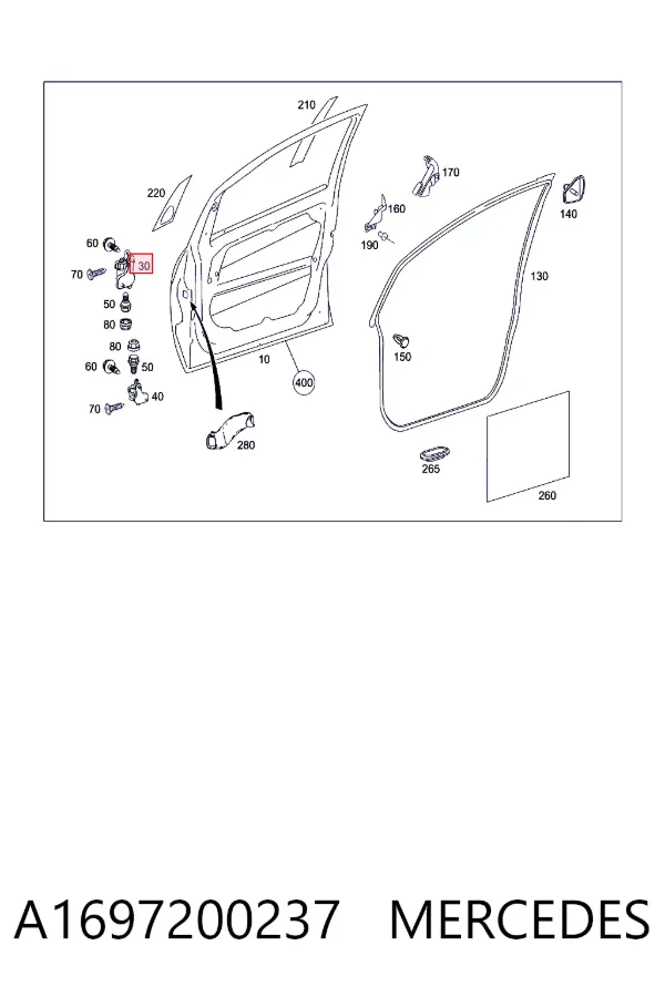 Gozno da porta dianteira direita A1697200237 Mercedes
