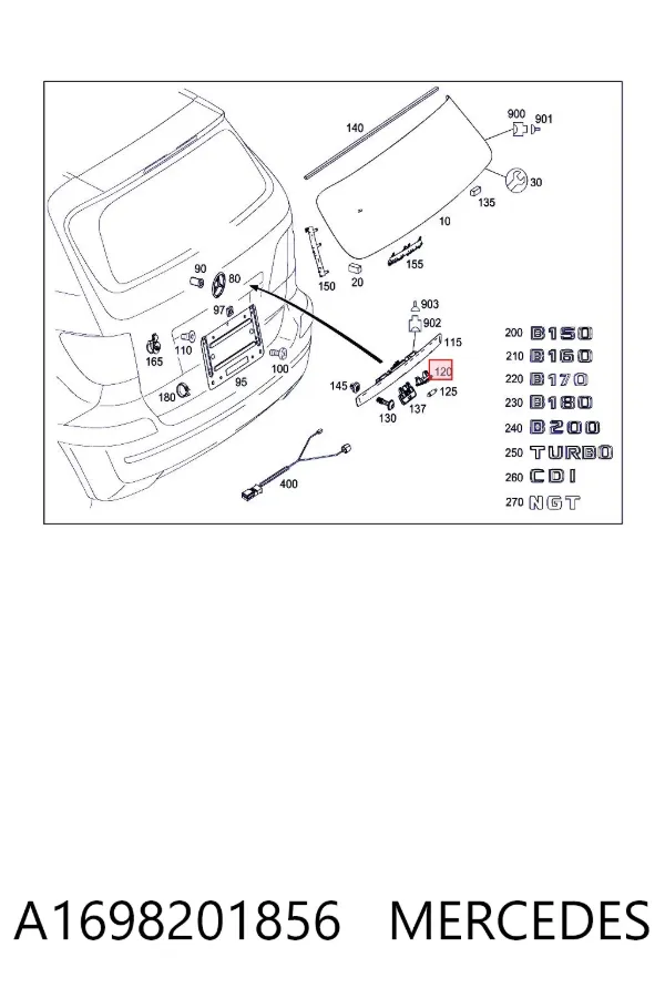 Lanterna da luz de fundo de matrícula traseira A1698201856 Mercedes