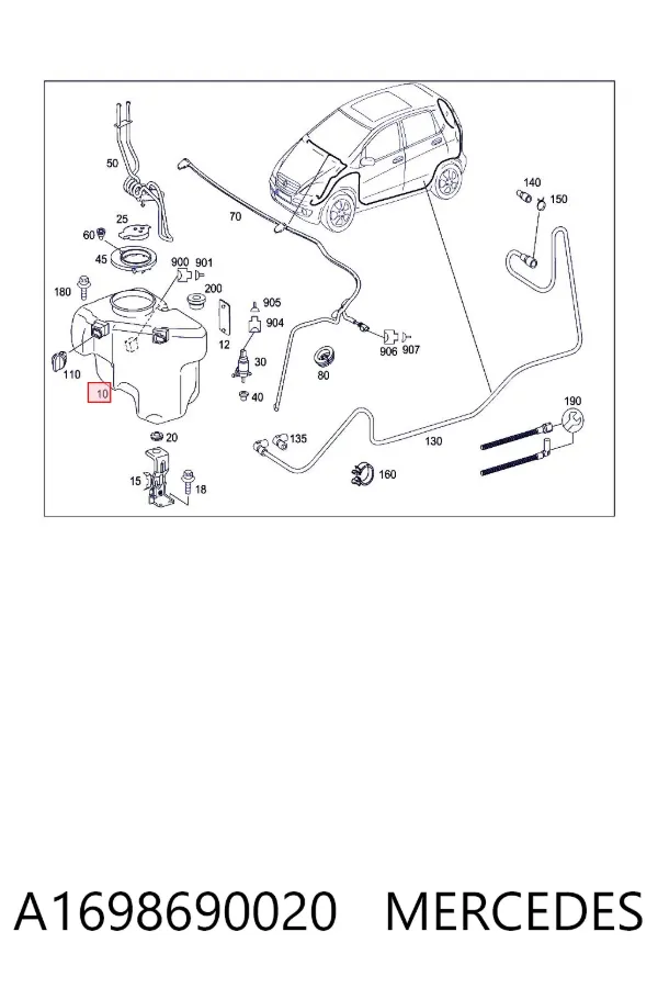 Tanque de fluido para lavador de vidro A1698690020 Mercedes