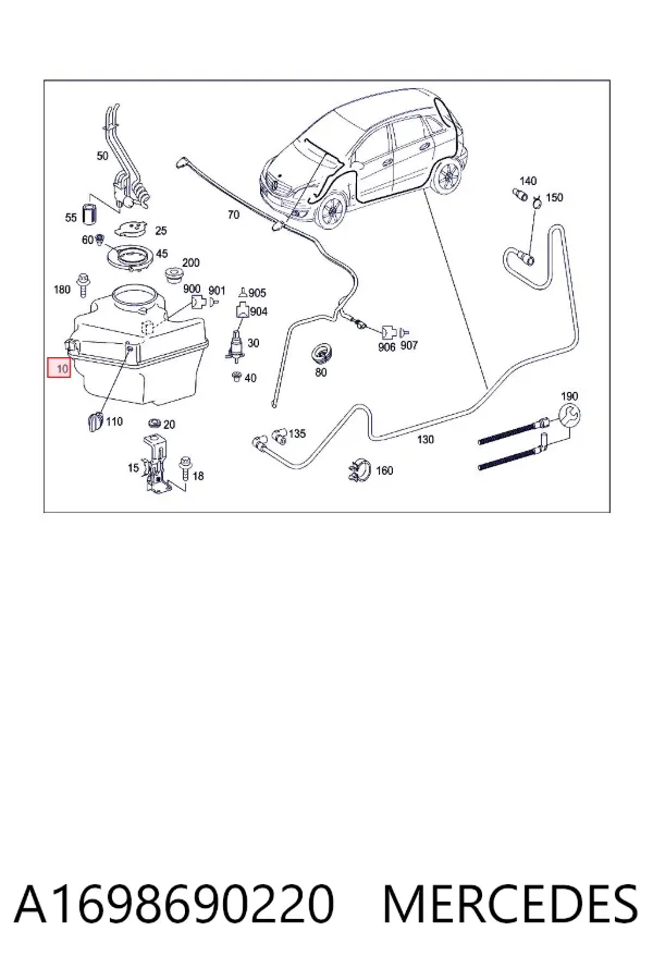 Tanque de fluido para lavador de vidro A1698690220 Mercedes