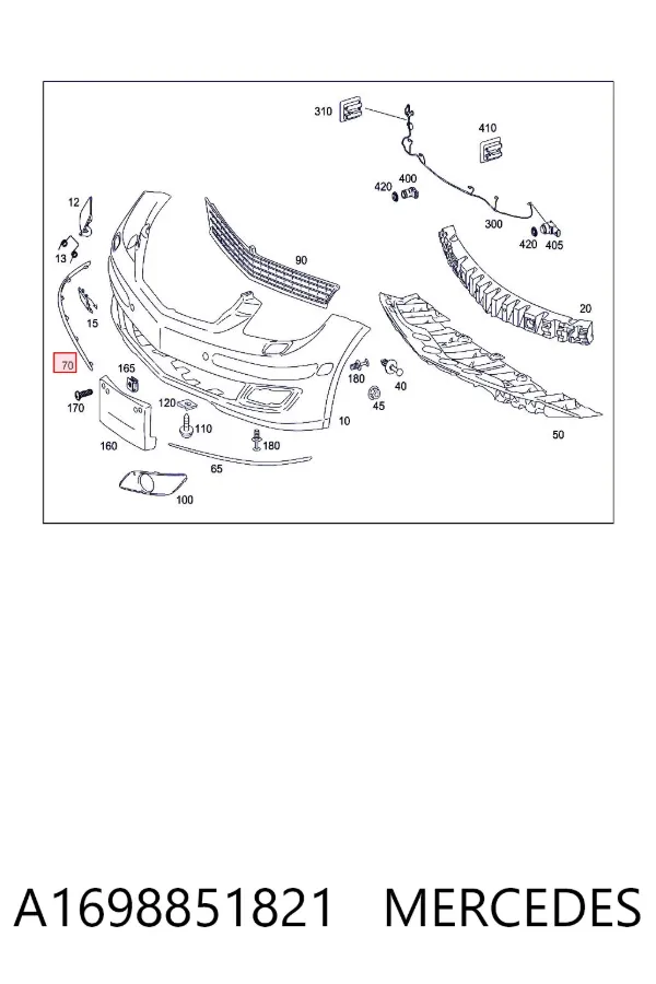 Moldura direita do pára-choque dianteiro A1698851821 Mercedes