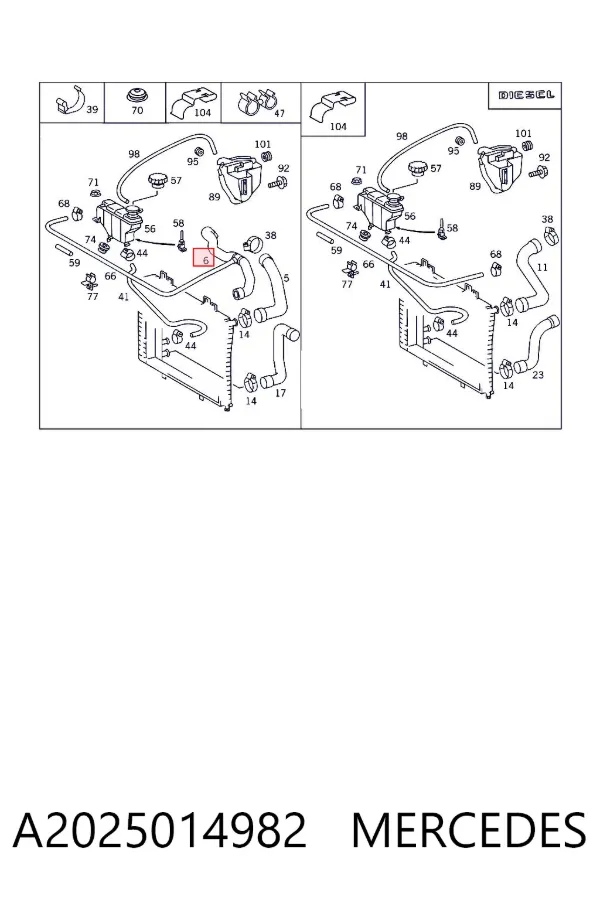 Mangueira (cano derivado) do radiador de esfriamento superior A2025014982 Mercedes