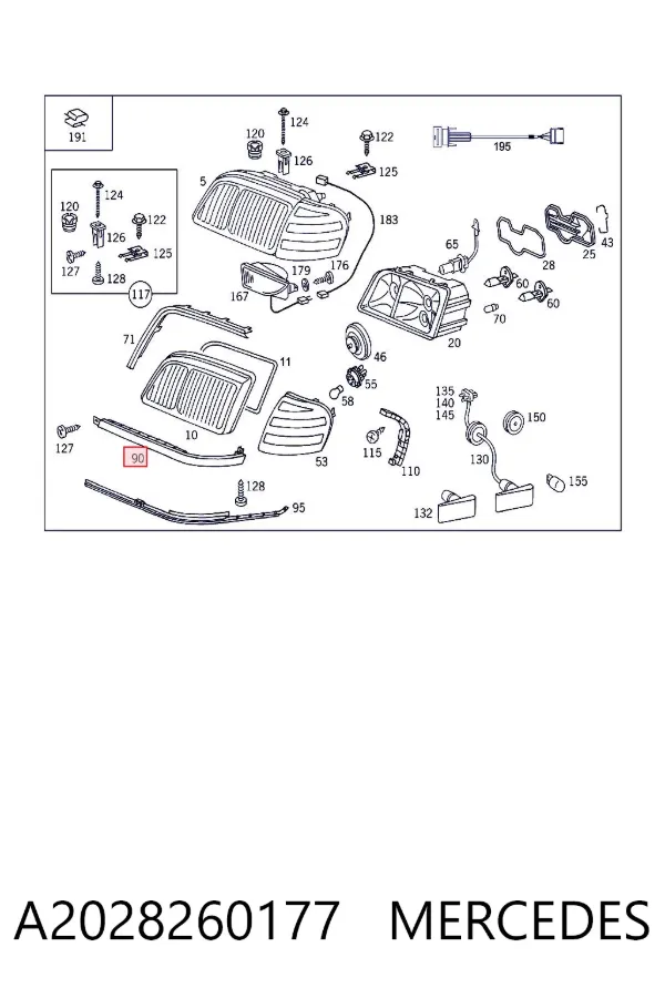 Ripa (placa sobreposta) da luz esquerda A2028260177 Mercedes
