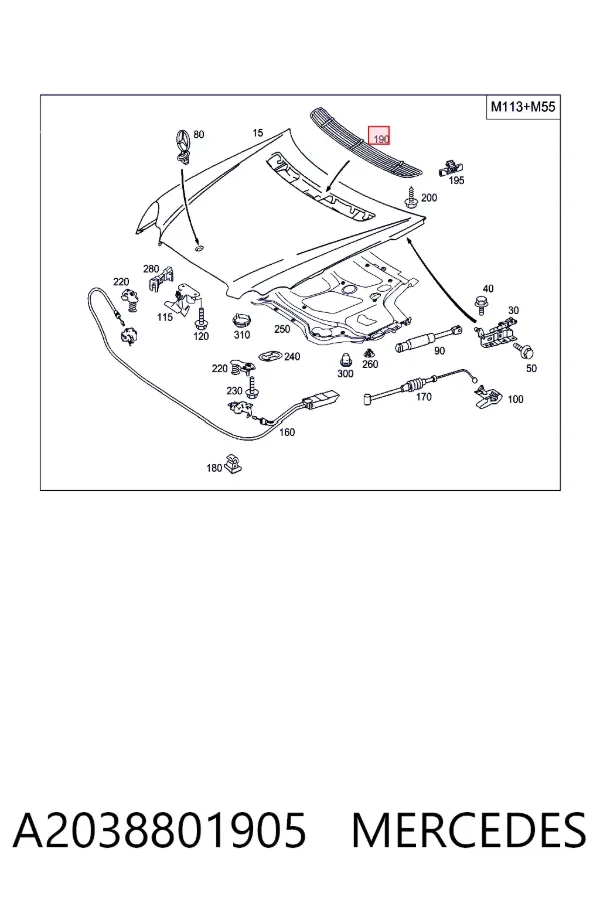 Grelha da capota A2038801905 Mercedes