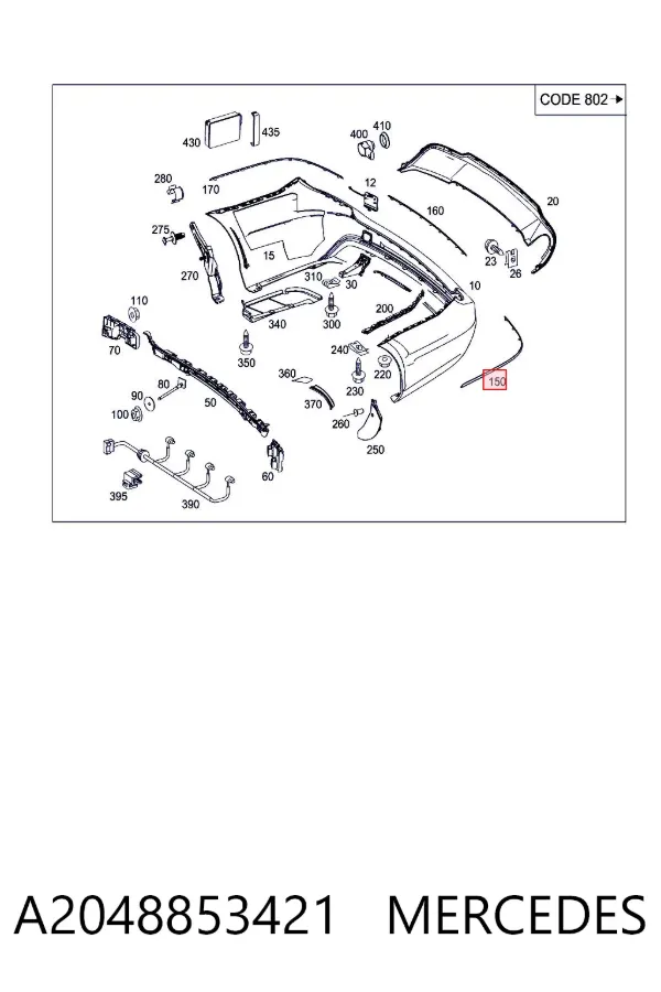 Moldura esquerda do pára-choque traseiro A2048853421 Mercedes