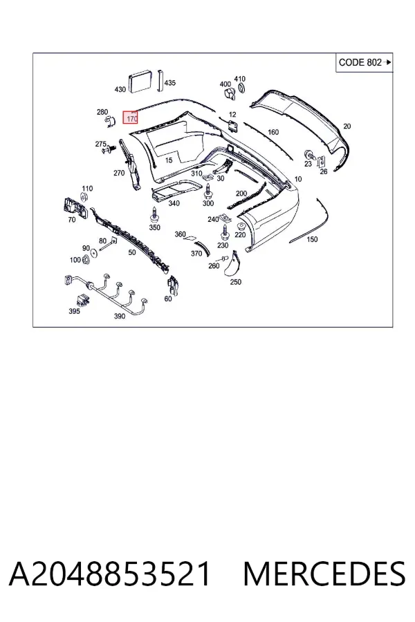 Moldura direita do pára-choque traseiro A2048853521 Mercedes