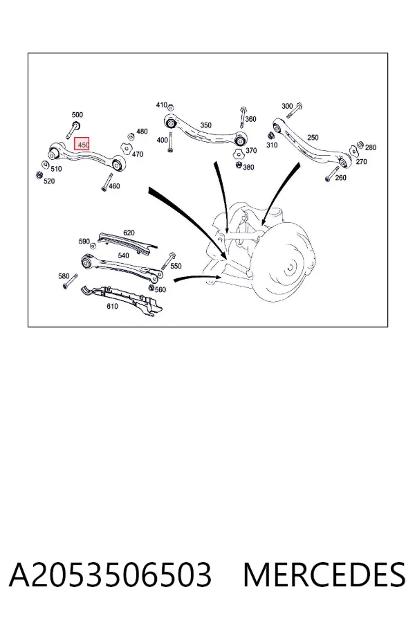 Braço oscilante transversal esquerdo de suspensão traseira A2053506503 Mercedes