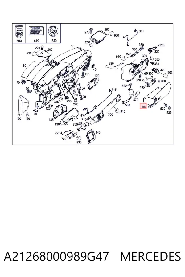 Tampa da caixa para luvas (porta-luvas) A21268000989G47 Mercedes