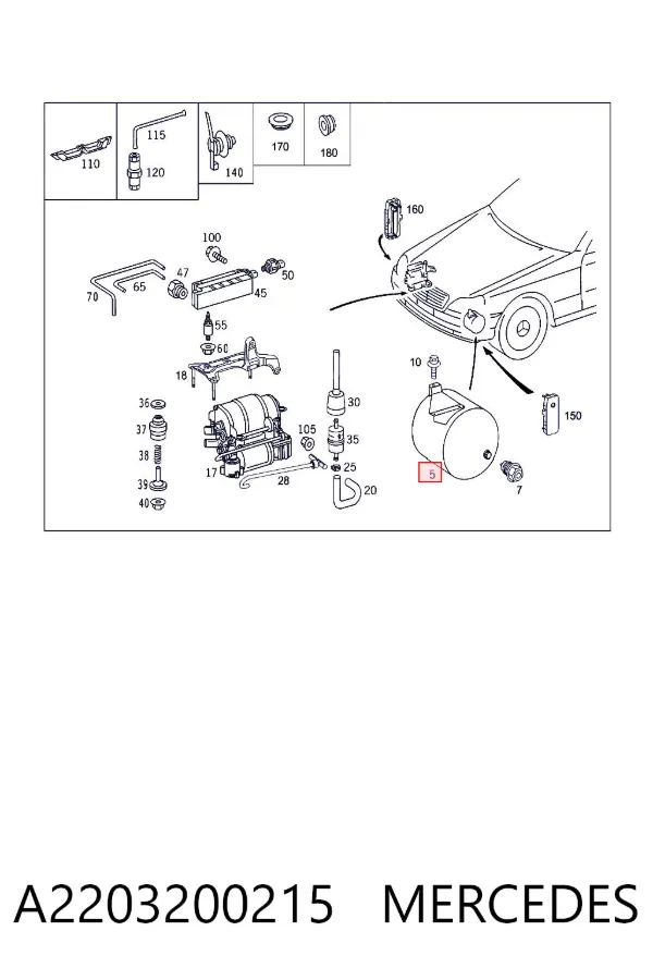 Tanque de recepção do sistema pneumático A2203200215 Mercedes