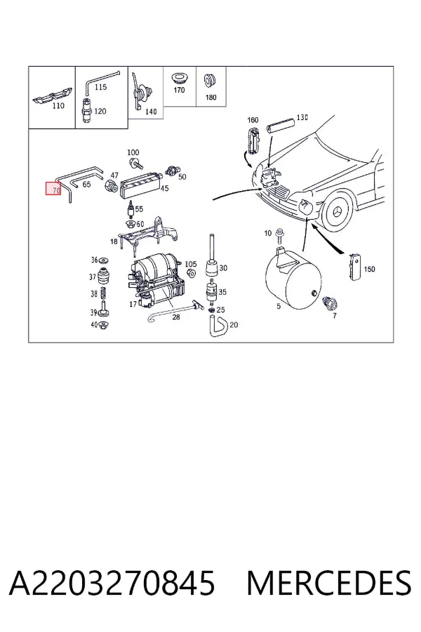 Tubo do sistema pneumático de amortecedores A2203270845 Mercedes